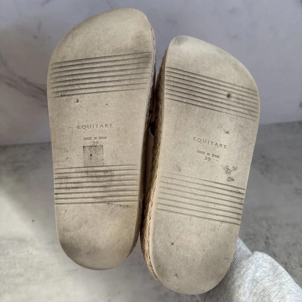 Equitare Platform Sandals Womens 8.5 Beige Espadrille Wedge Slides Spain